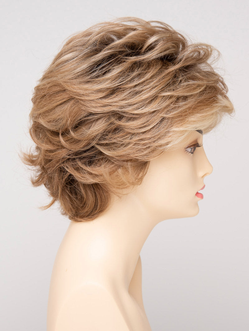profile side of a short Kinner Beauty Wigs wig for woman on mannequin head