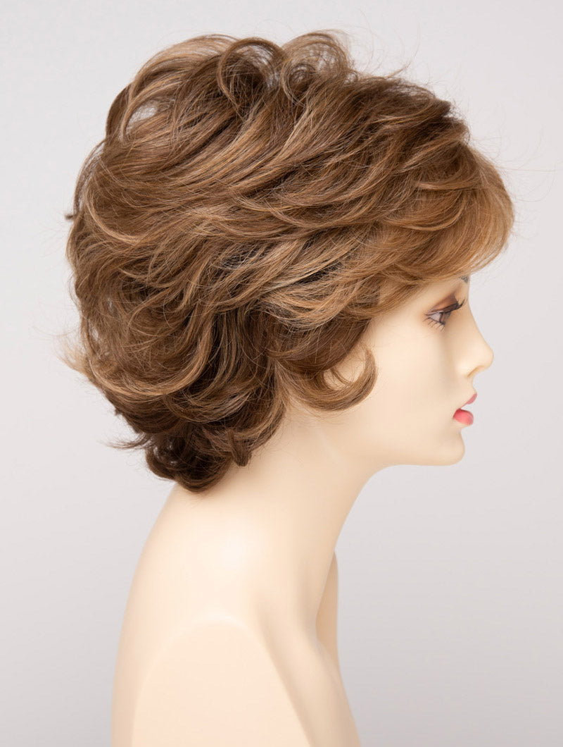 profile side of a short Kinner Beauty Wigs wig for woman on mannequin head