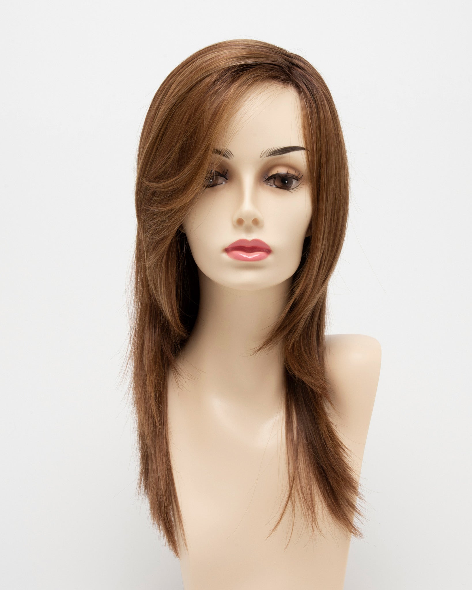 front side of a long Kinner Beauty Wigs wig for woman on mannequin head