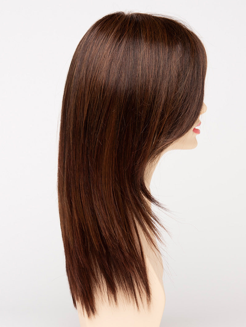 profile side of a long Kinner Beauty Wigs wig for woman on mannequin head