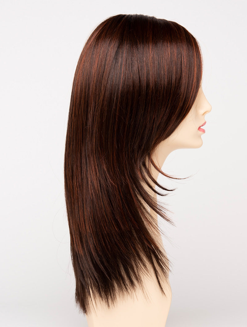 profile side of a long Kinner Beauty Wigs wig for woman on mannequin head
