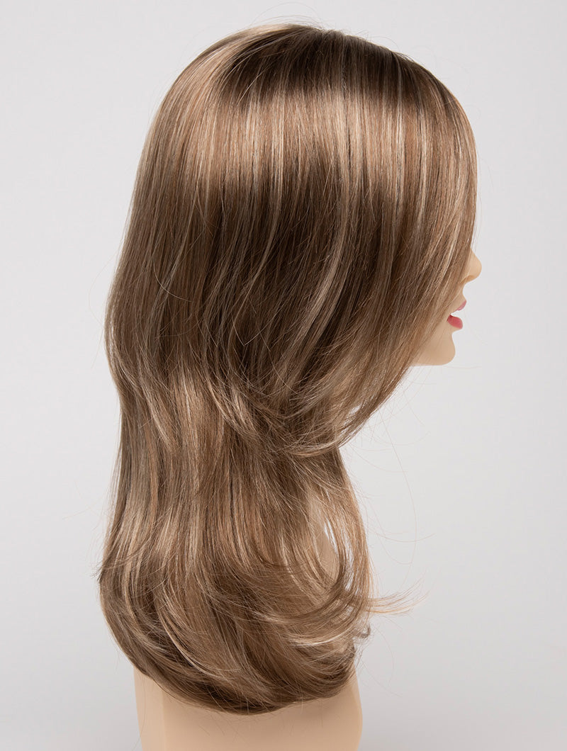 profile side of a long Kinner Beauty Wigs wig for woman on mannequin head