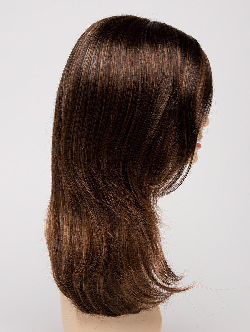 profile side of a long Kinner Beauty Wigs wig for woman on mannequin head