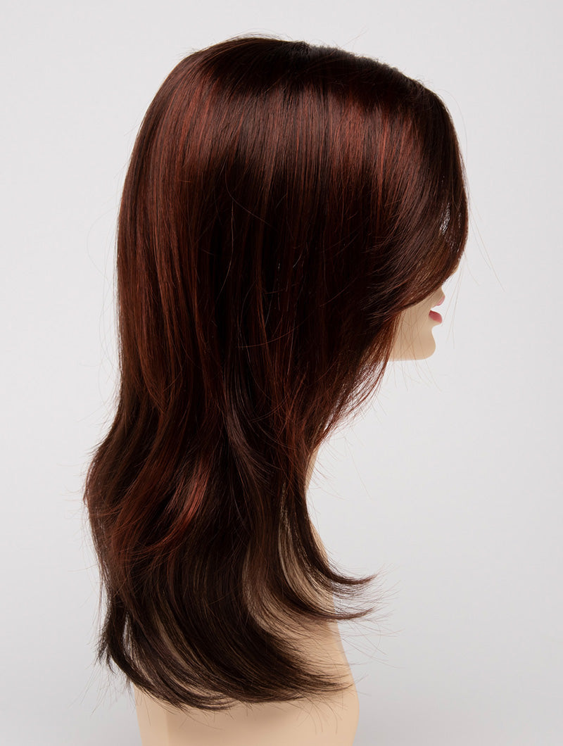 profile side of a long Kinner Beauty Wigs wig for woman on mannequin head
