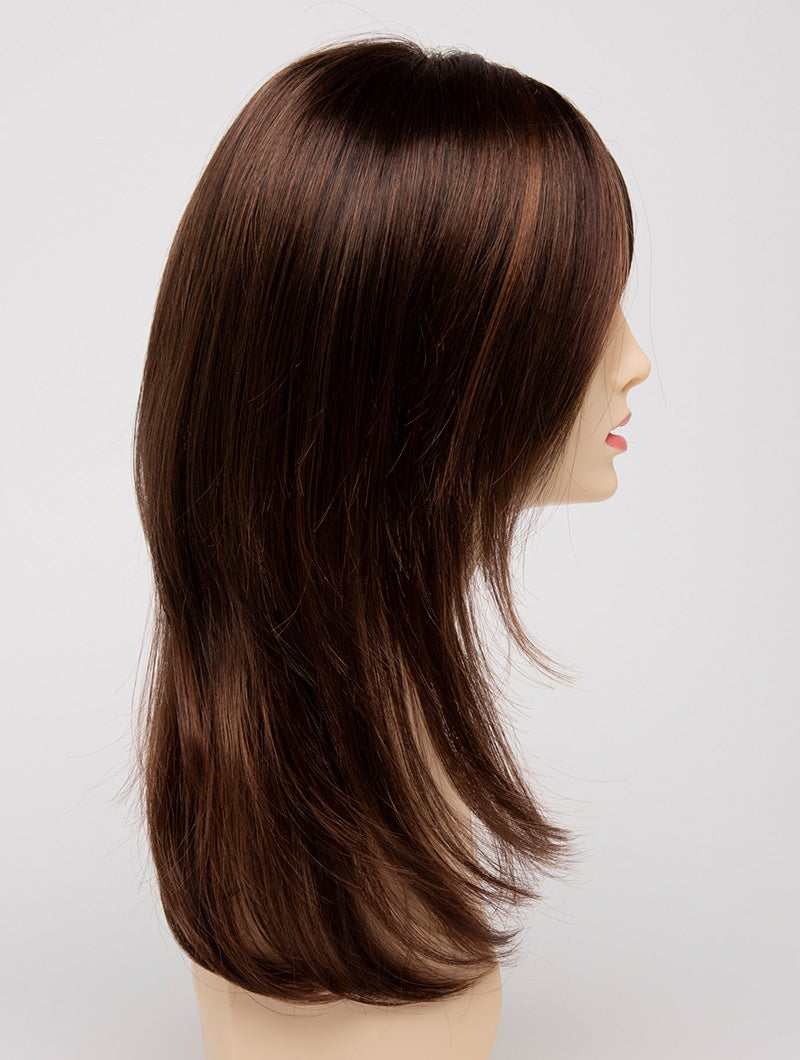 profile side of a long Kinner Beauty Wigs wig for woman on mannequin head