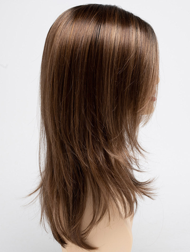 profile side of a long Kinner Beauty Wigs wig for woman on mannequin head
