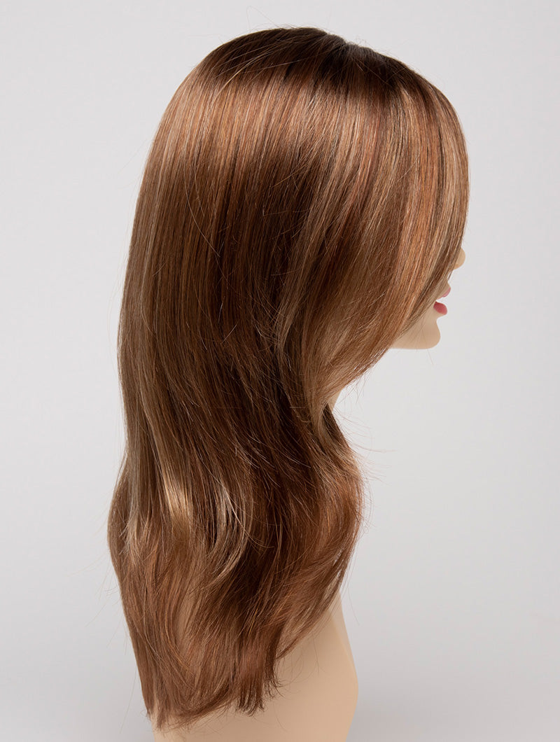 profile side of a long Kinner Beauty Wigs wig for woman on mannequin head