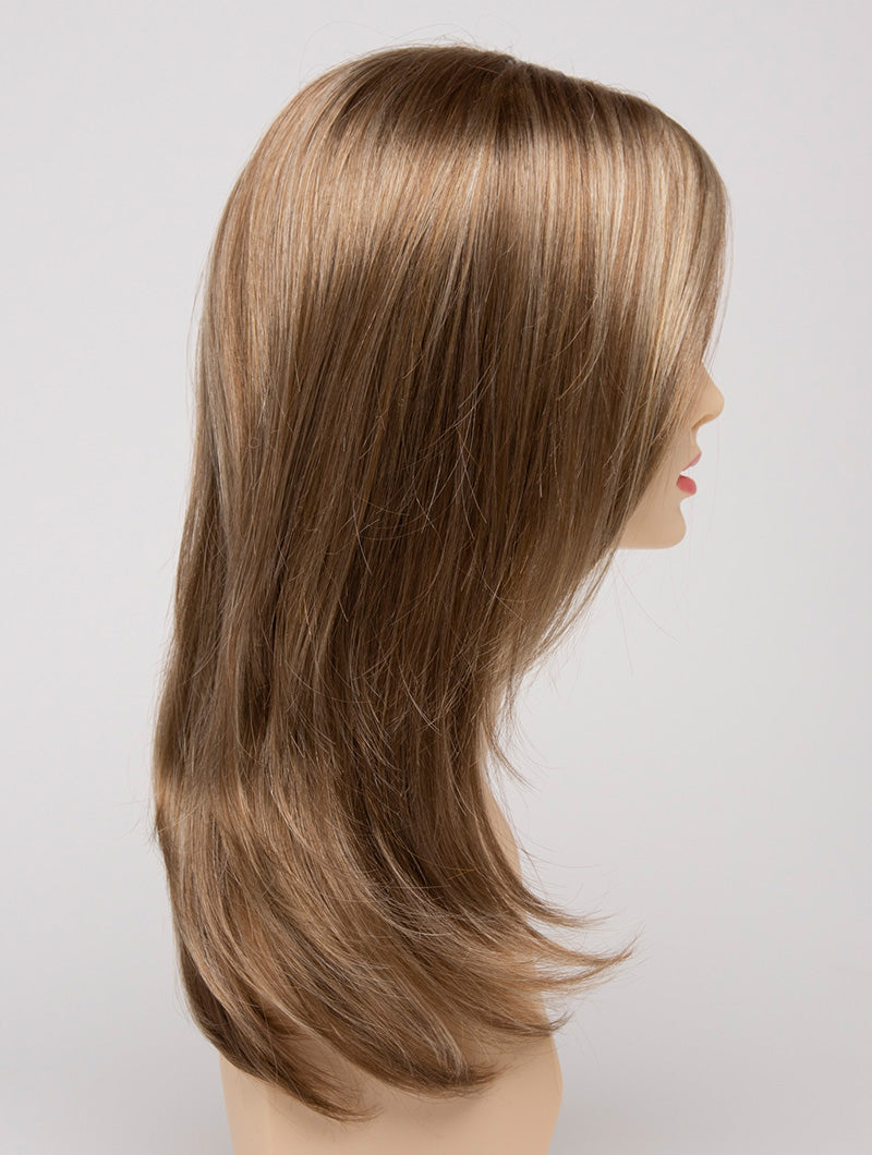 profile side of a long Kinner Beauty Wigs wig for woman on mannequin head