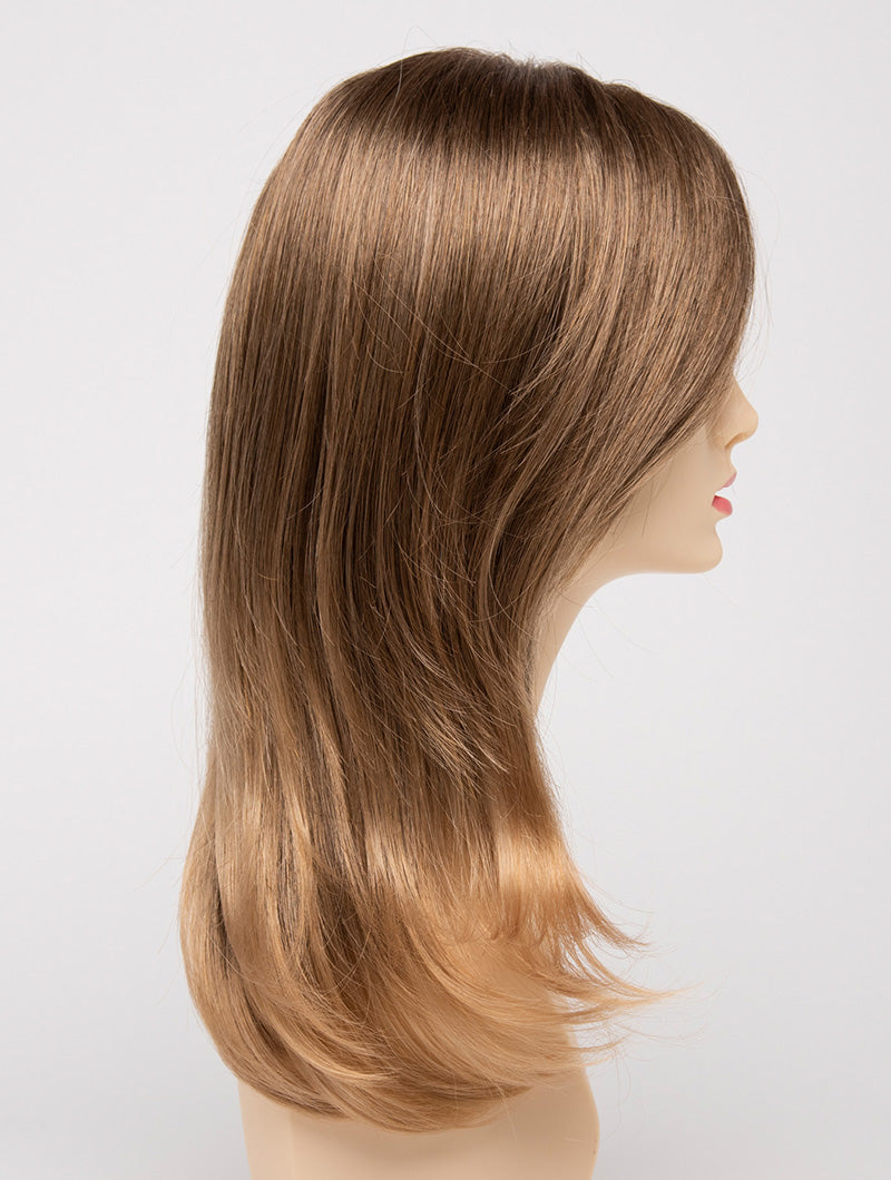 profile side of a long Kinner Beauty Wigs wig for woman on mannequin head