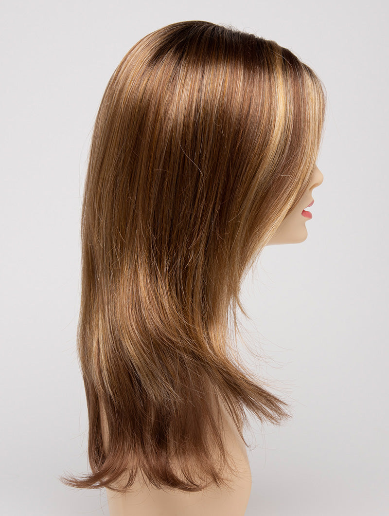 profile side of a long Kinner Beauty Wigs wig for woman on mannequin head