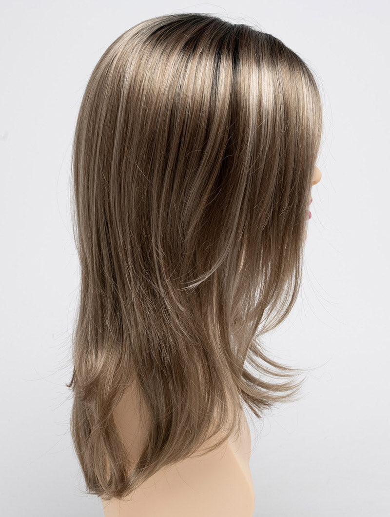 profile side of a long Kinner Beauty Wigs wig for woman on mannequin head