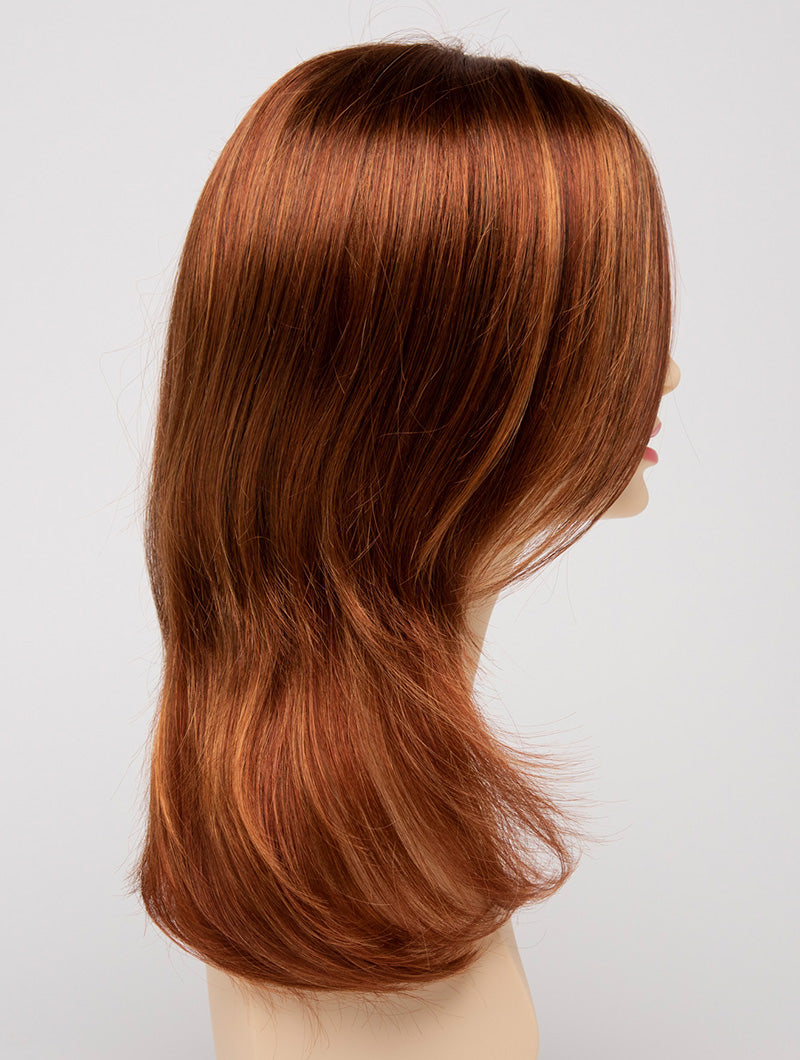 profile side of a long Kinner Beauty Wigs wig for woman on mannequin head