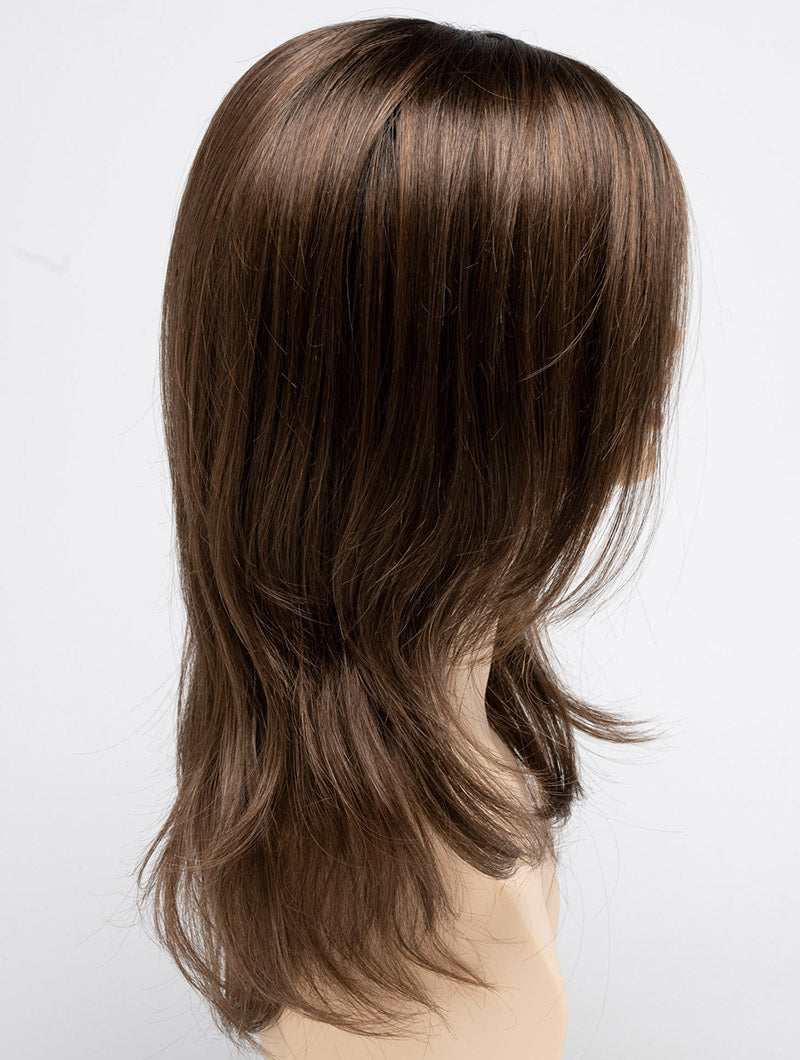 profile side of a long Kinner Beauty Wigs wig for woman on mannequin head