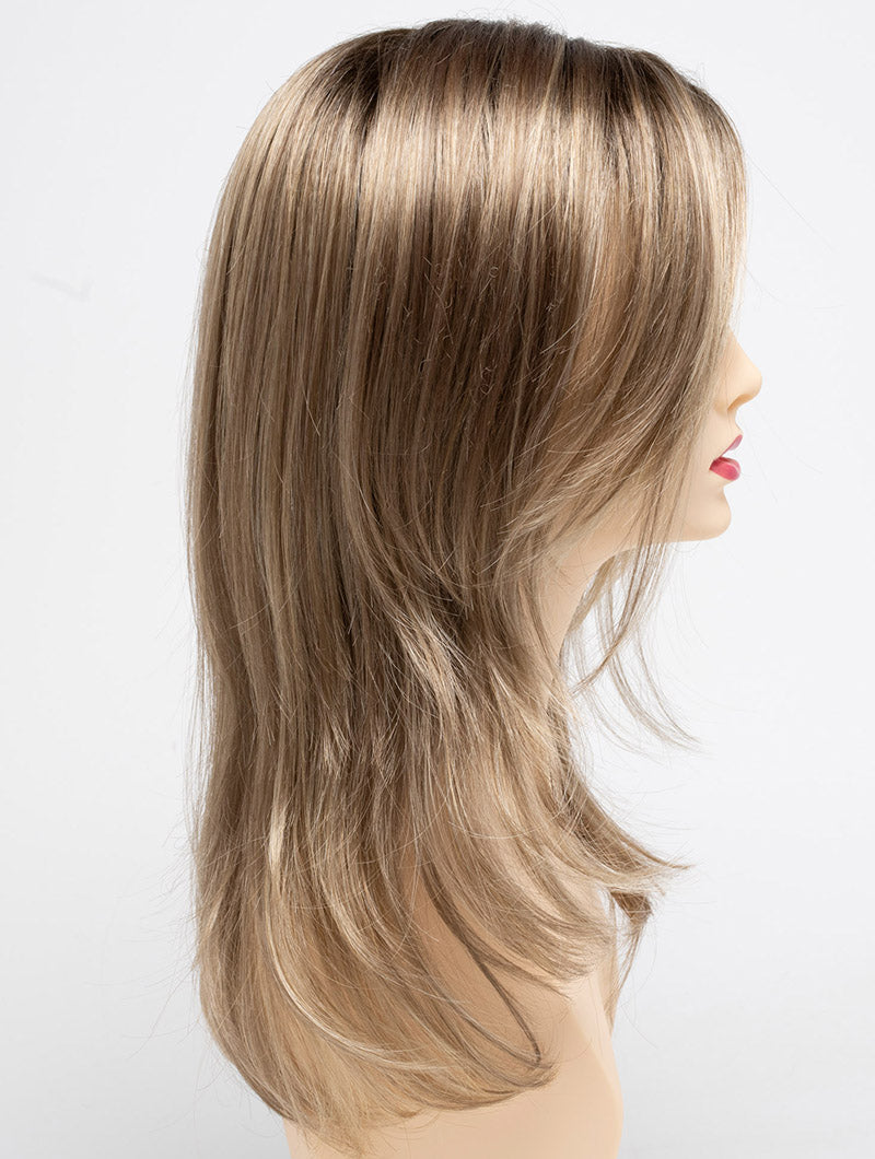 profile side of a long Kinner Beauty Wigs wig for woman on mannequin head