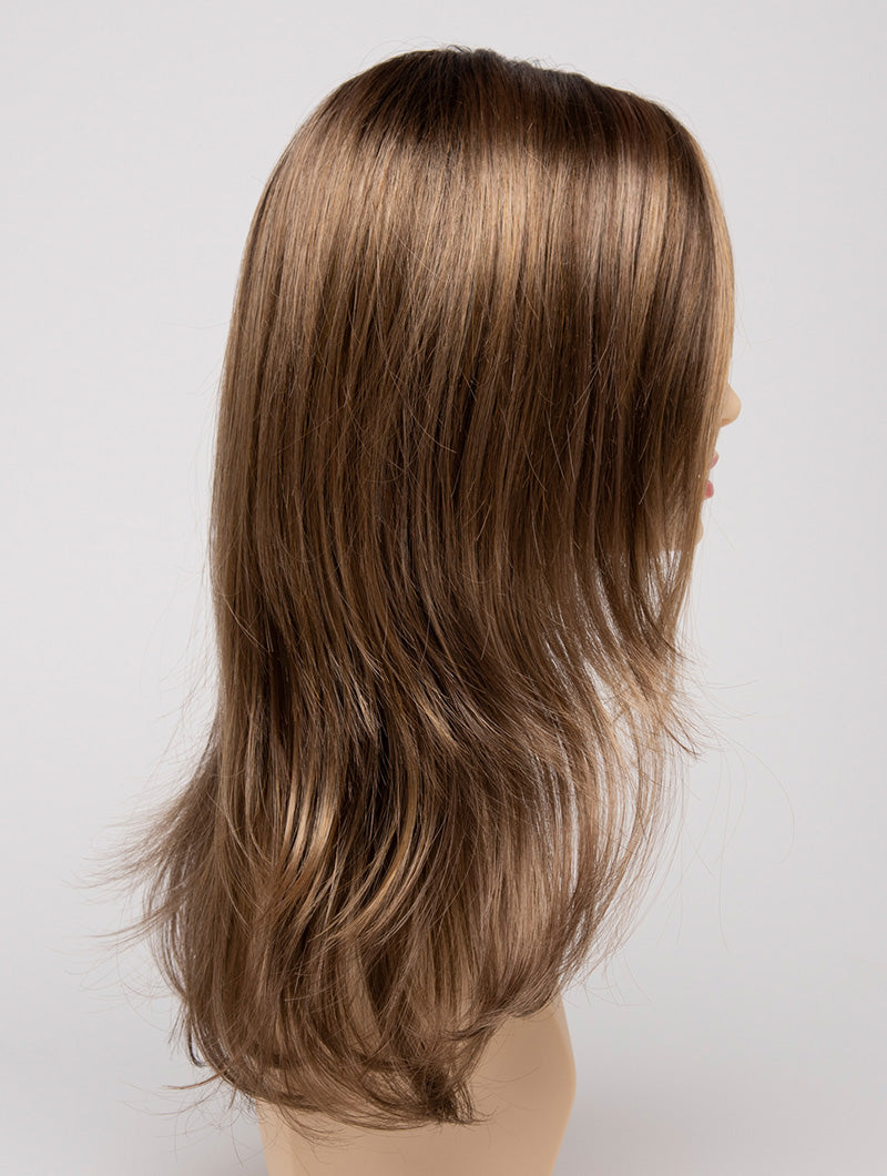 profile side of a long Kinner Beauty Wigs wig for woman on mannequin head