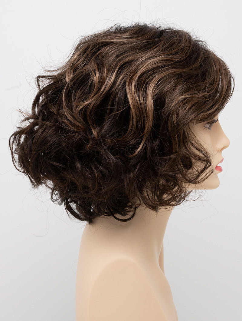 profile side of a medium Kinner Beauty Wigs wig for woman on mannequin head