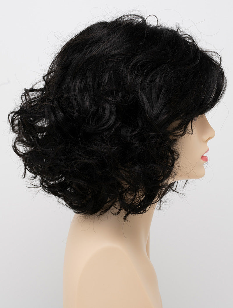 profile side of a medium Kinner Beauty Wigs wig for woman on mannequin head