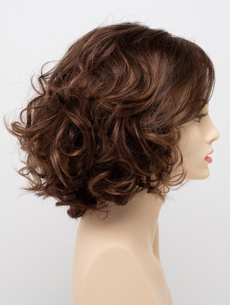 profile side of a medium Kinner Beauty Wigs wig for woman on mannequin head