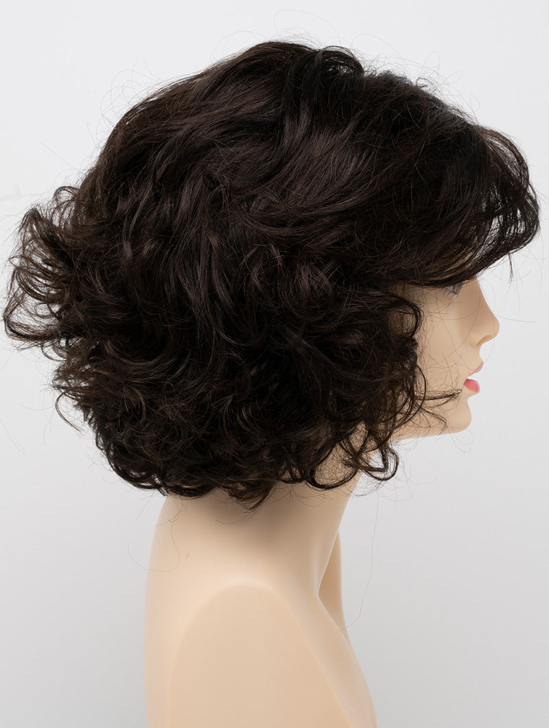 profile side of a medium Kinner Beauty Wigs wig for woman on mannequin head
