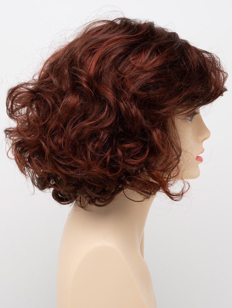profile side of a medium Kinner Beauty Wigs wig for woman on mannequin head