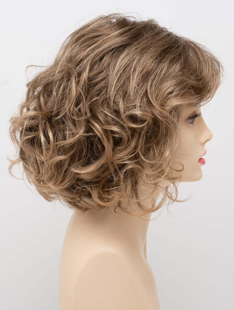 profile side of a medium Kinner Beauty Wigs wig for woman on mannequin head