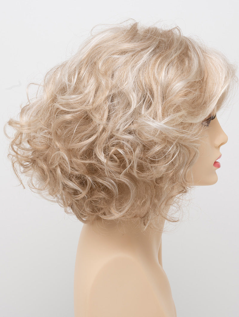 profile side of a medium Kinner Beauty Wigs wig for woman on mannequin head