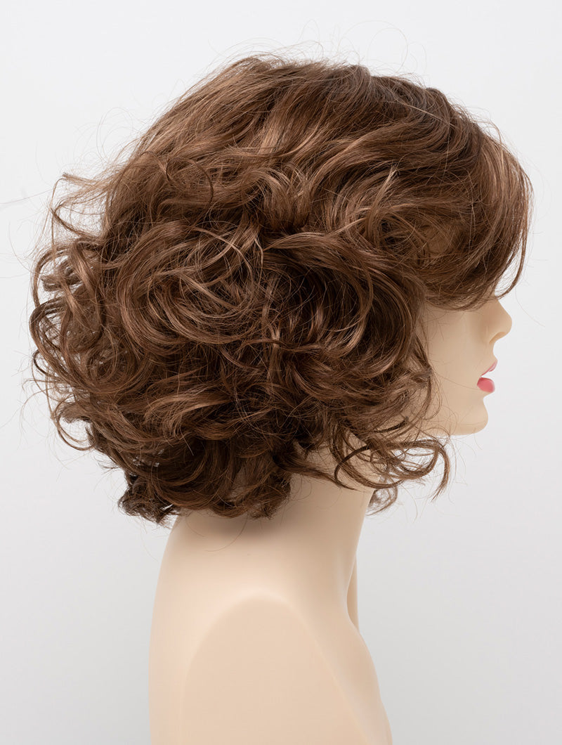 profile side of a medium Kinner Beauty Wigs wig for woman on mannequin head