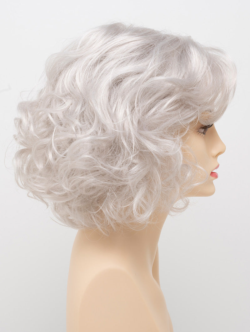 profile side of a medium Kinner Beauty Wigs wig for woman on mannequin head