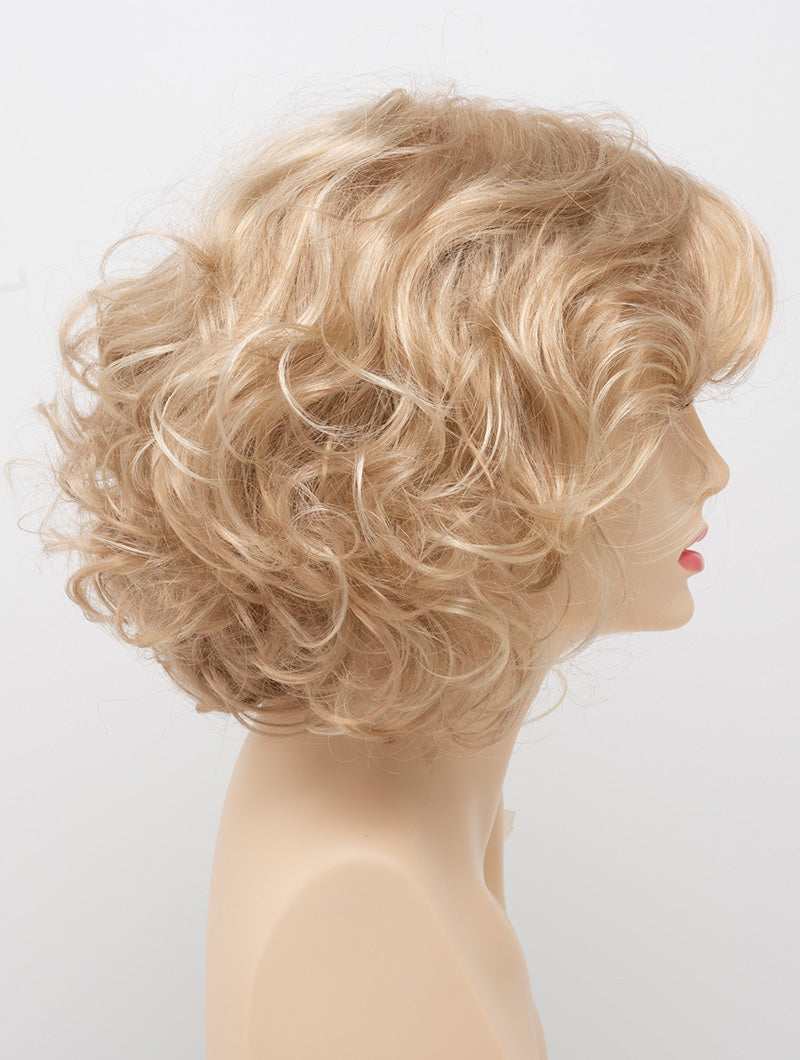 profile side of a medium Kinner Beauty Wigs wig for woman on mannequin head