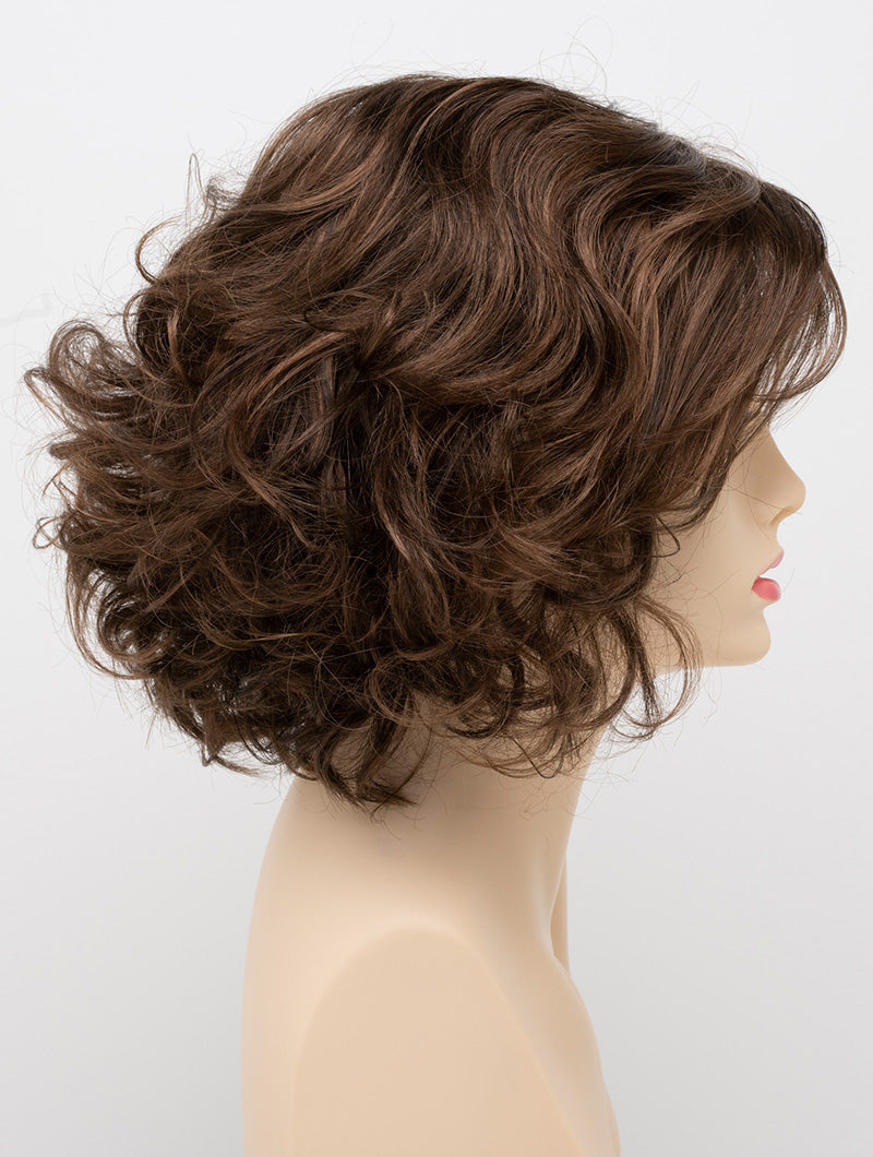 profile side of a medium Kinner Beauty Wigs wig for woman on mannequin head