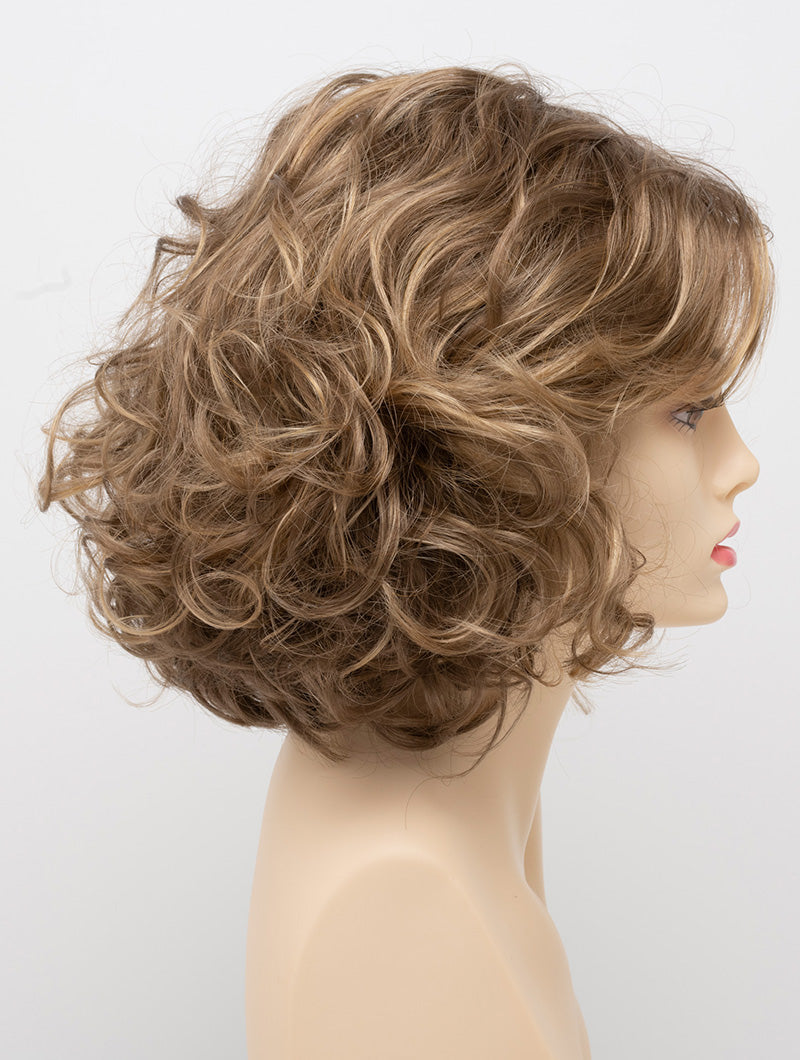 profile side of a medium Kinner Beauty Wigs wig for woman on mannequin head