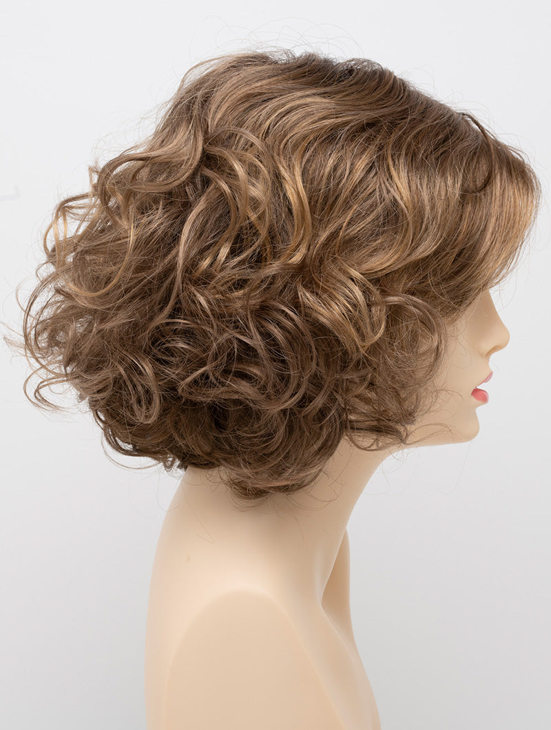 profile side of a medium Kinner Beauty Wigs wig for woman on mannequin head