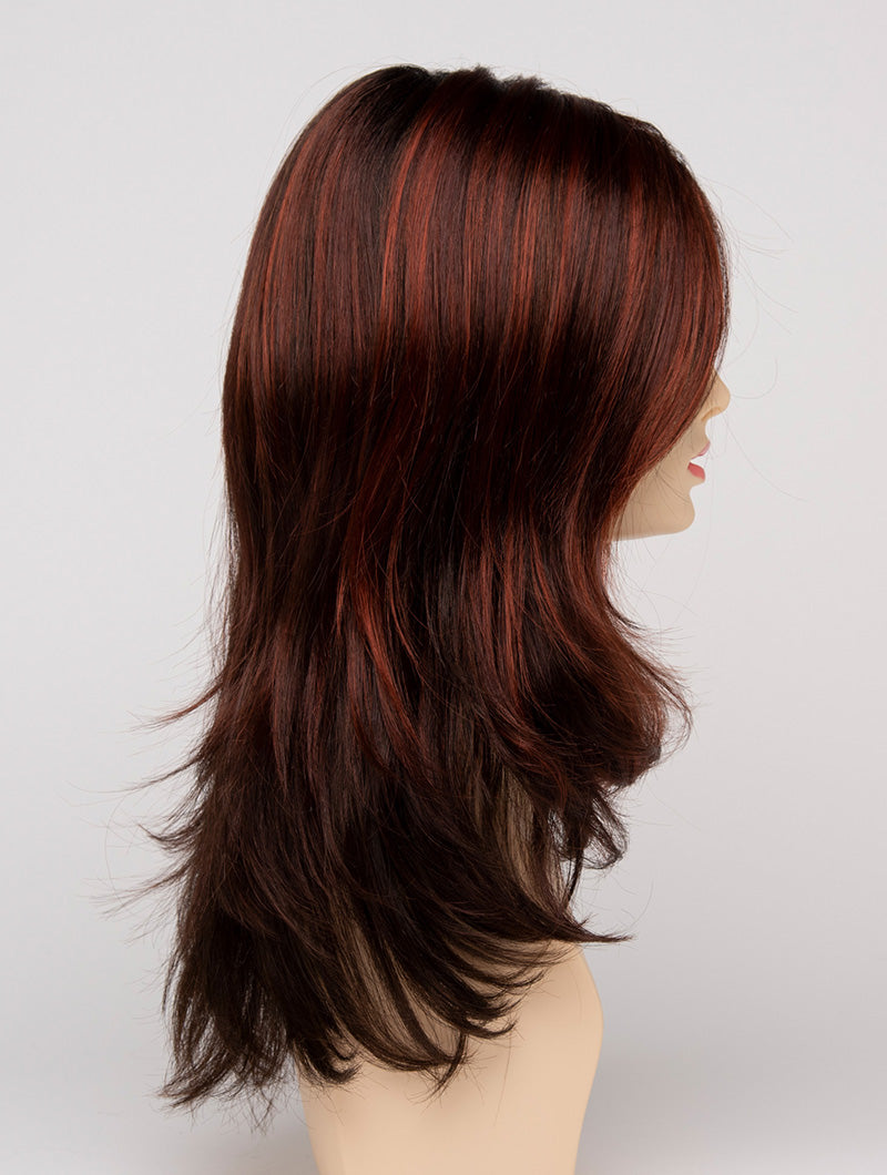 profile side of a long Kinner Beauty Wigs wig for woman on mannequin head