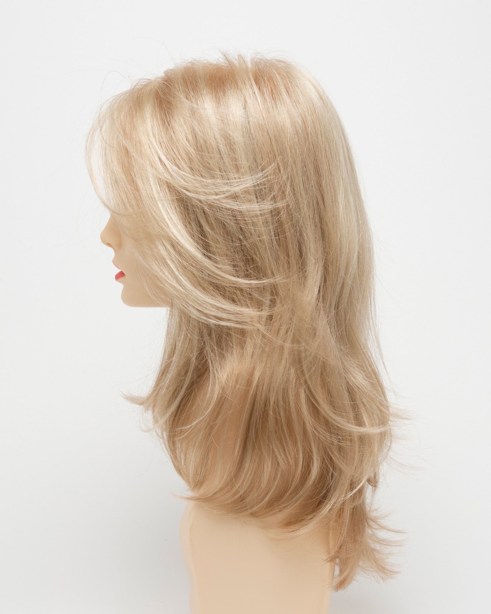 profile side of a long Kinner Beauty Wigs wig for woman on mannequin head