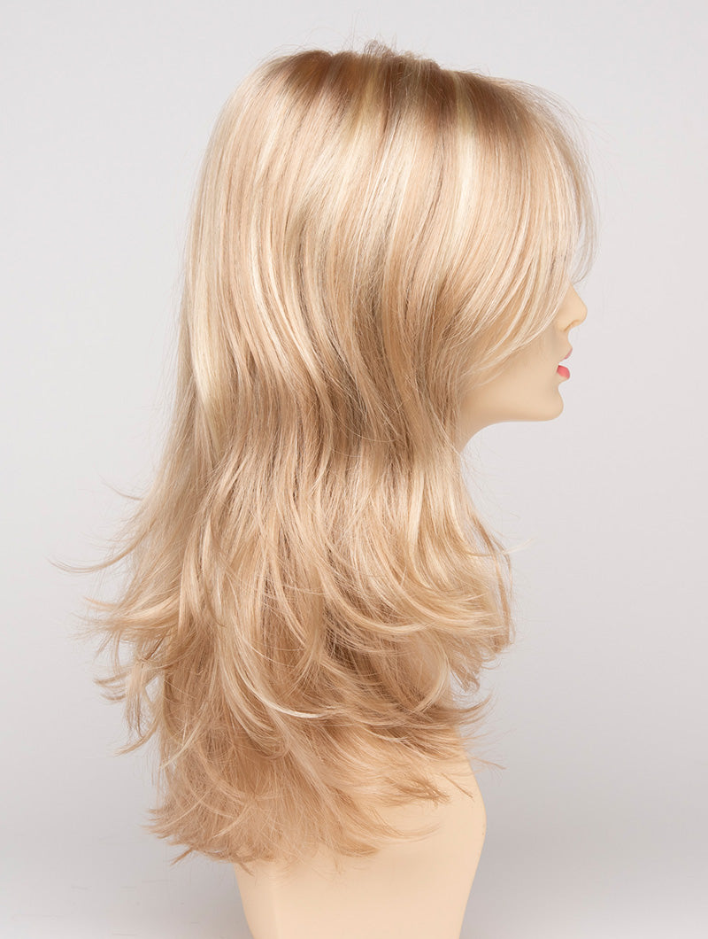 profile side of a long Kinner Beauty Wigs wig for woman on mannequin head