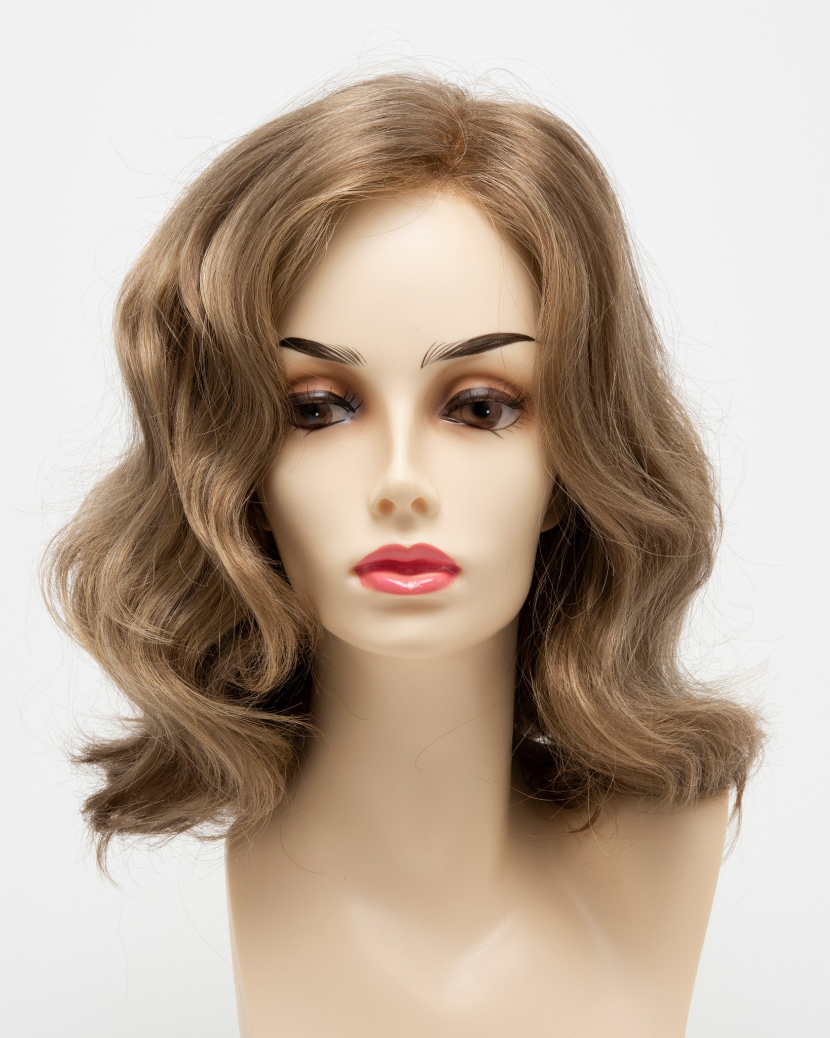 front side of a medium Kinner Beauty Wigs wig for woman on mannequin head