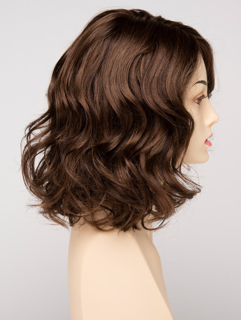 profile side of a medium Kinner Beauty Wigs wig for woman on mannequin head