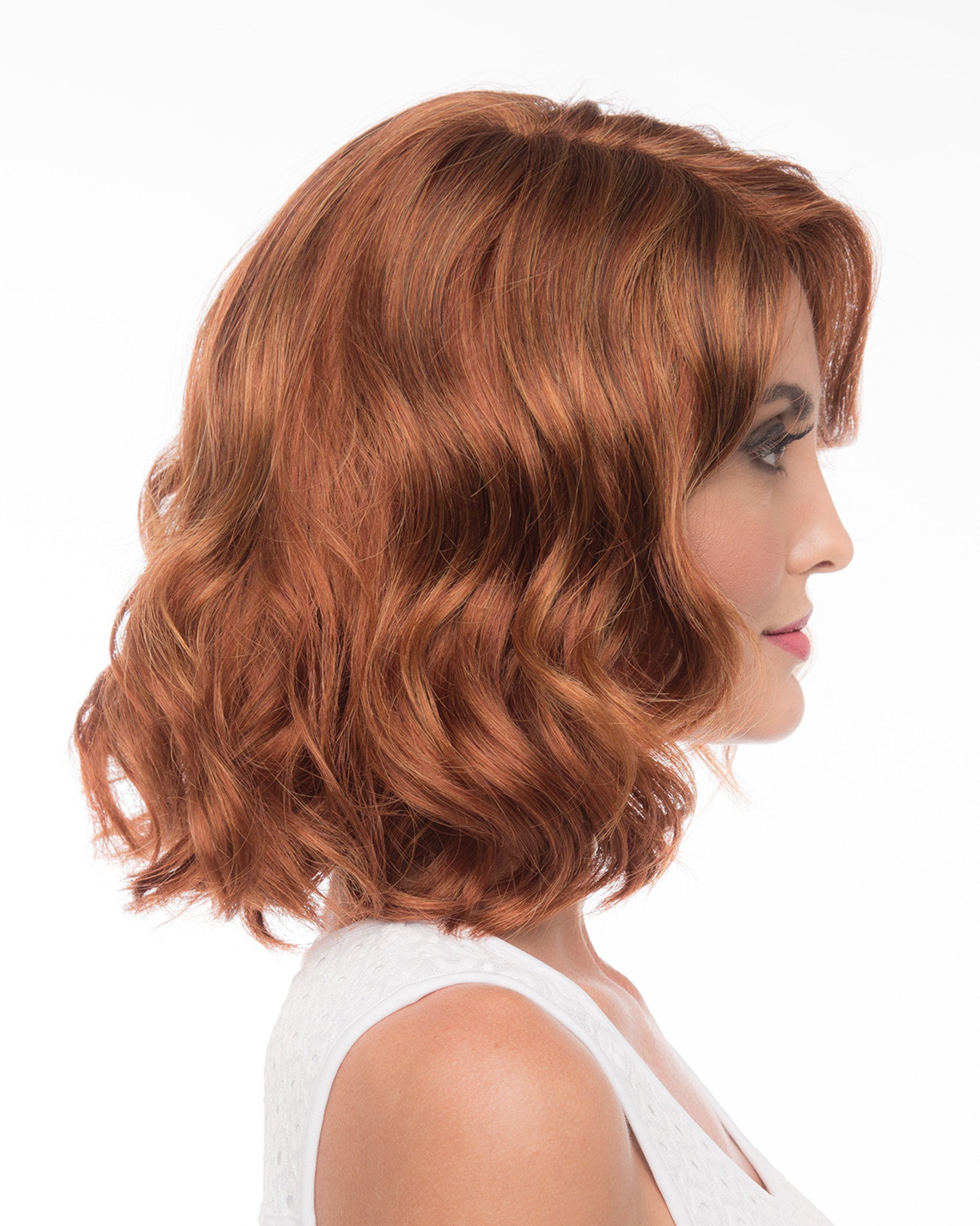profile side of a medium Kinner Beauty Wigs wig on woman head