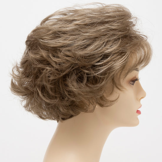 profile side of a short Kinner Beauty Wigs wig for woman on mannequin head