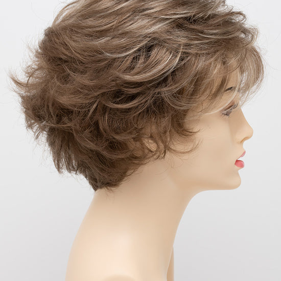 profile side of a short Kinner Beauty Wigs wig for woman on mannequin head