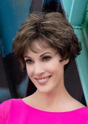 front side of a short Kinner Beauty Wigs wig on woman head