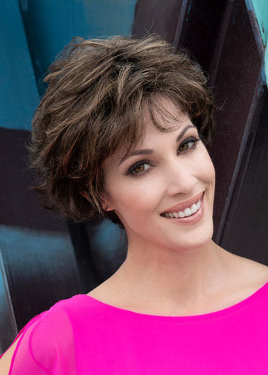 front side of a short Kinner Beauty Wigs wig on woman head