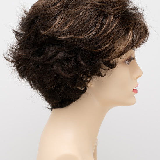 profile side of a short Kinner Beauty Wigs wig for woman on mannequin head