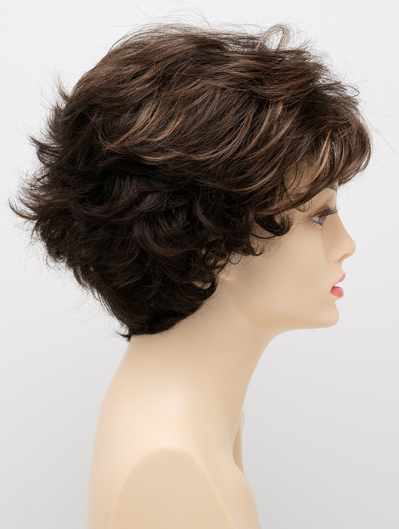 profile side of a short Kinner Beauty Wigs wig for woman on mannequin head