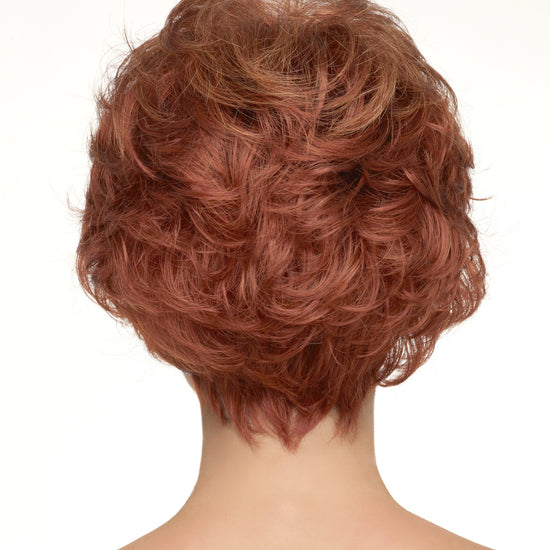 back side of a short Kinner Beauty Wigs wig on woman head