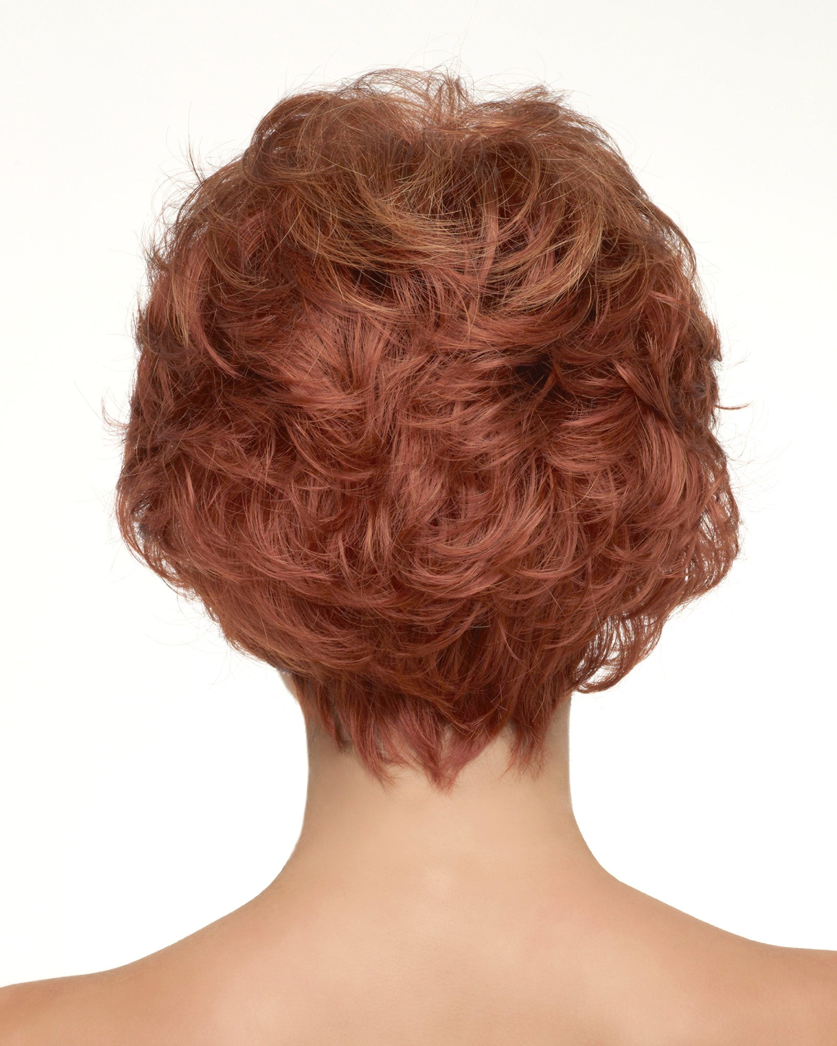 back side of a short Kinner Beauty Wigs wig on woman head