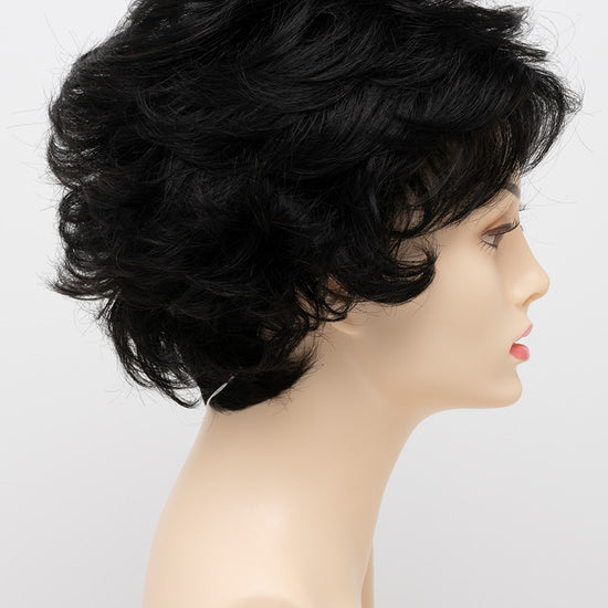 profile side of a short Kinner Beauty Wigs wig for woman on mannequin head