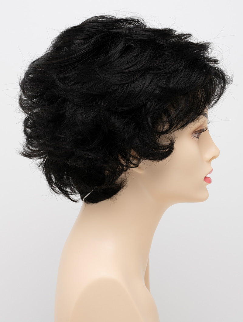 profile side of a short Kinner Beauty Wigs wig for woman on mannequin head