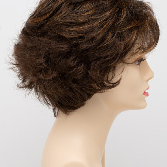 profile side of a short Kinner Beauty Wigs wig for woman on mannequin head