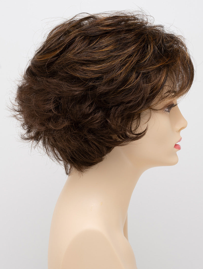 profile side of a short Kinner Beauty Wigs wig for woman on mannequin head